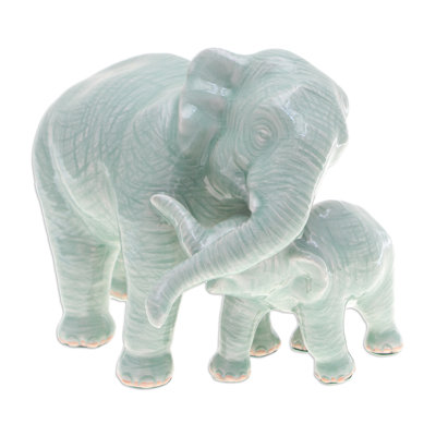 Handmade Elephant Love Celadon Ceramic Figurine