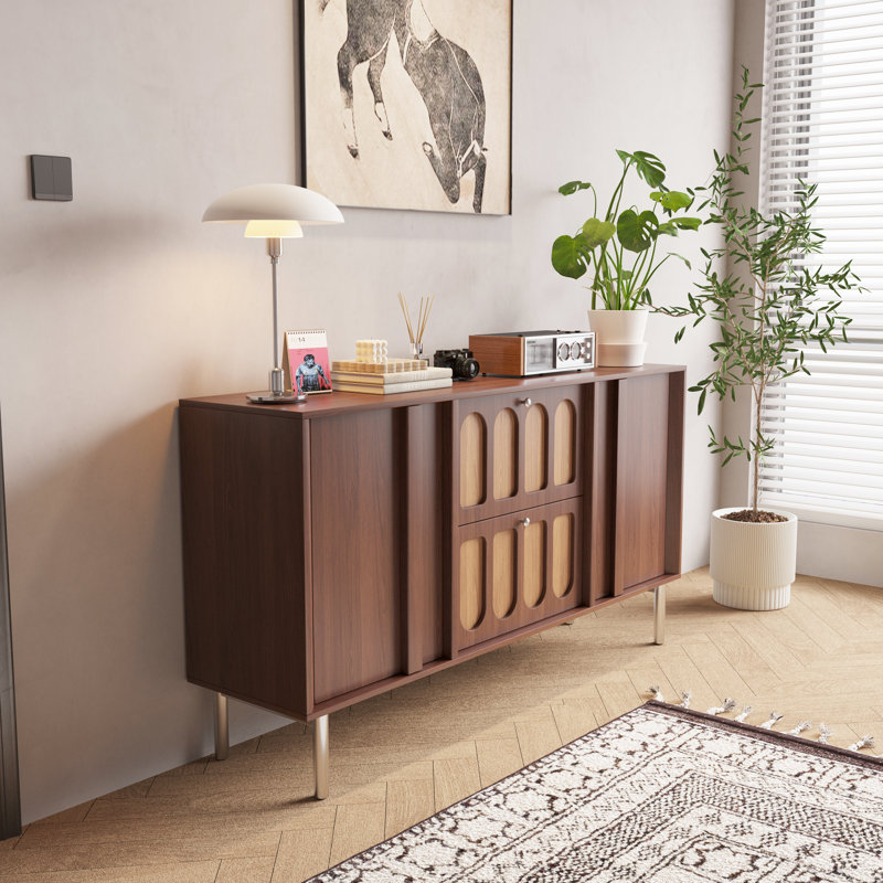 Buffet de rangement 70,87 po en noyer avec pieds en acier inoxydable