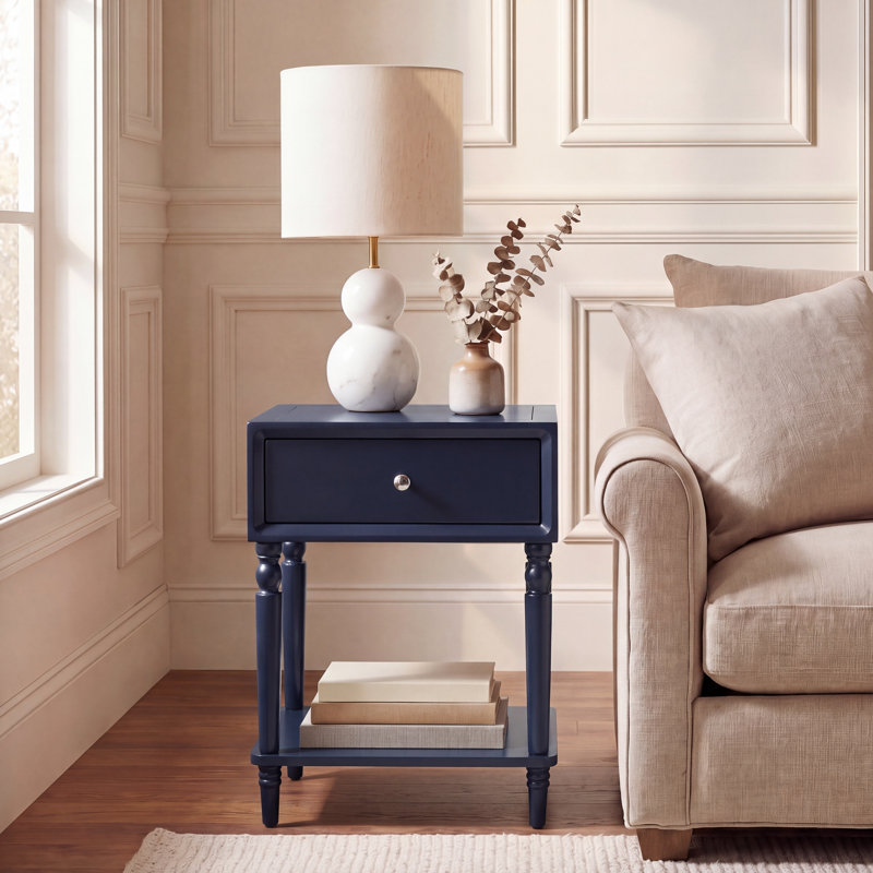 Table de bout en bois massif avec rangement Kleban, Bleu marine
