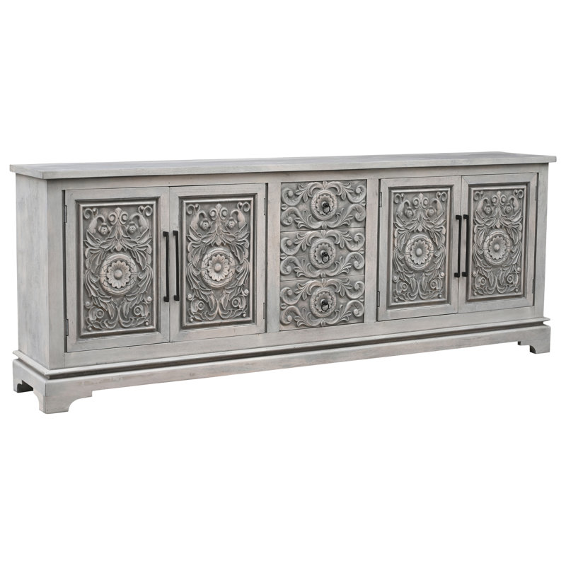 3-drawer 4-door Carved Solid Wood Sideboard, Gray