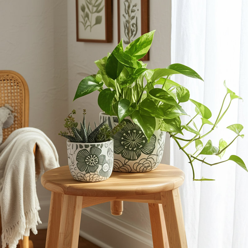 Planters Pottery & Cement Floral Carved Pattern Garden Style For Indoor/Outdoor Use Set Of 2 - 7", 6" White & Green