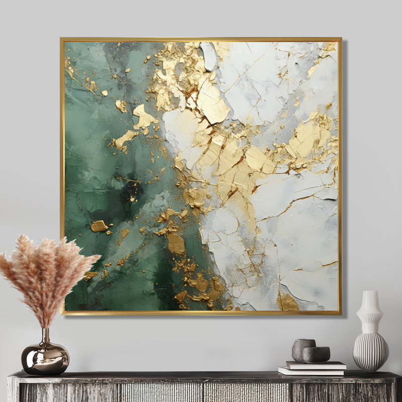 «Gold and Green Paint Fusion», peinture abstraite encadrée, Reproduction avec cadre flottant, H 36 po x l 36 po, Doré