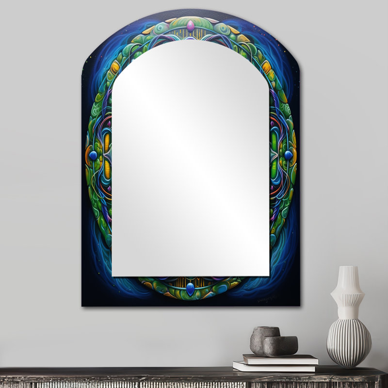 Miroir mural antique antique coloré Mandala IV - Boho Mandala, miroir décoratif asymétrique rose, impression d'art en métal