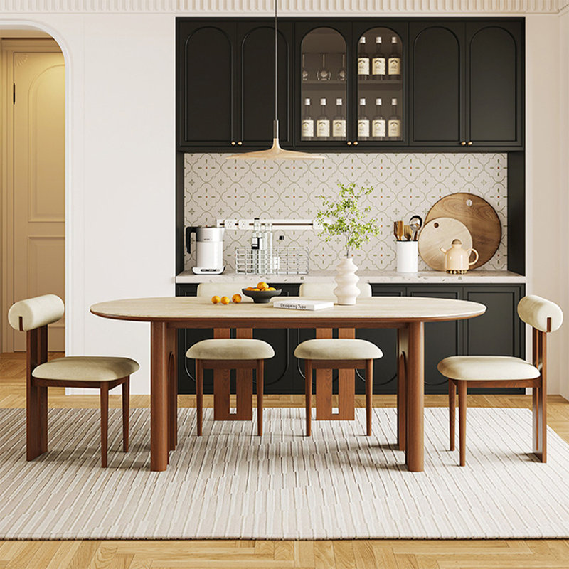 Table de salle à manger beige / brun en pierre frittée ovale + bois massif, H 29,53 po x L 62,99 po x l 31,5 po