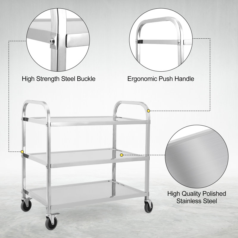 3 Tier Stainless Steel Utility Cart with Handle and Locking Wheels, 37.4" x 19.7" x 37.4", 331Lbs
