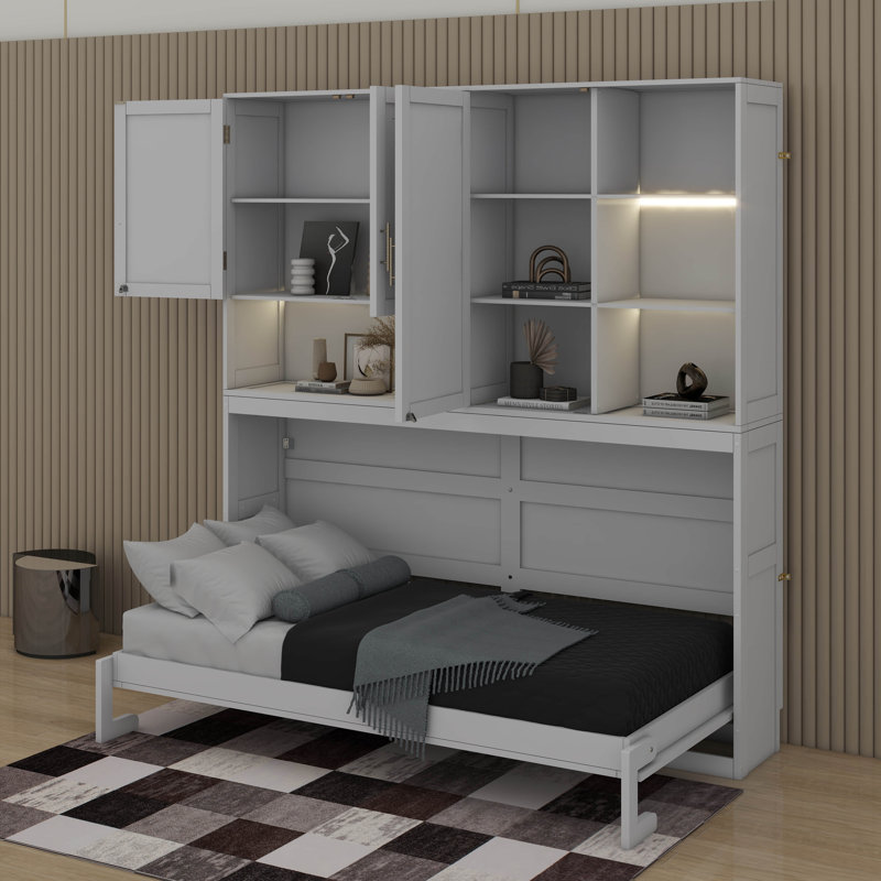 Lit escamotable mural simple avec armoire supérieure, tablettes et port USB, Blanc