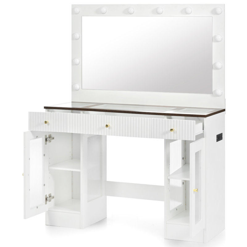 43.3" Vanity Desk With 3 Colour Lighting And Power Supply, Modern Glass Top Makeup Table Drawers Storage For Bedroom Cabinets