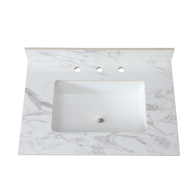 Dessus de meuble-lavabo de salle de bain, dessus de meuble-lavabo en pierre frittée Carra Barthroom avec lavabo rectangulaire encastré en céramique avec dosseret de meuble-lavabo, comptoir de meuble-lavabo à trois trous