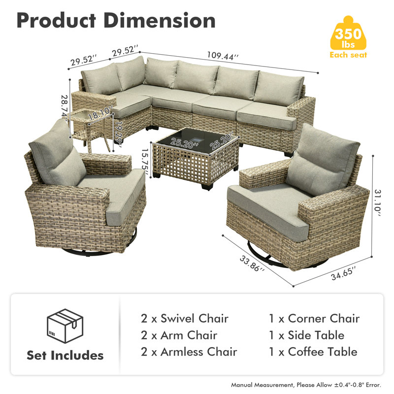 Outdoor Sofa 9-Piece Set With Coffee Table, Deep Size And Thick Cushion, Dark Gray