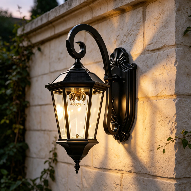 Lanterne murale solaire pour l'extérieur, verre transparent et aluminium noir Glb