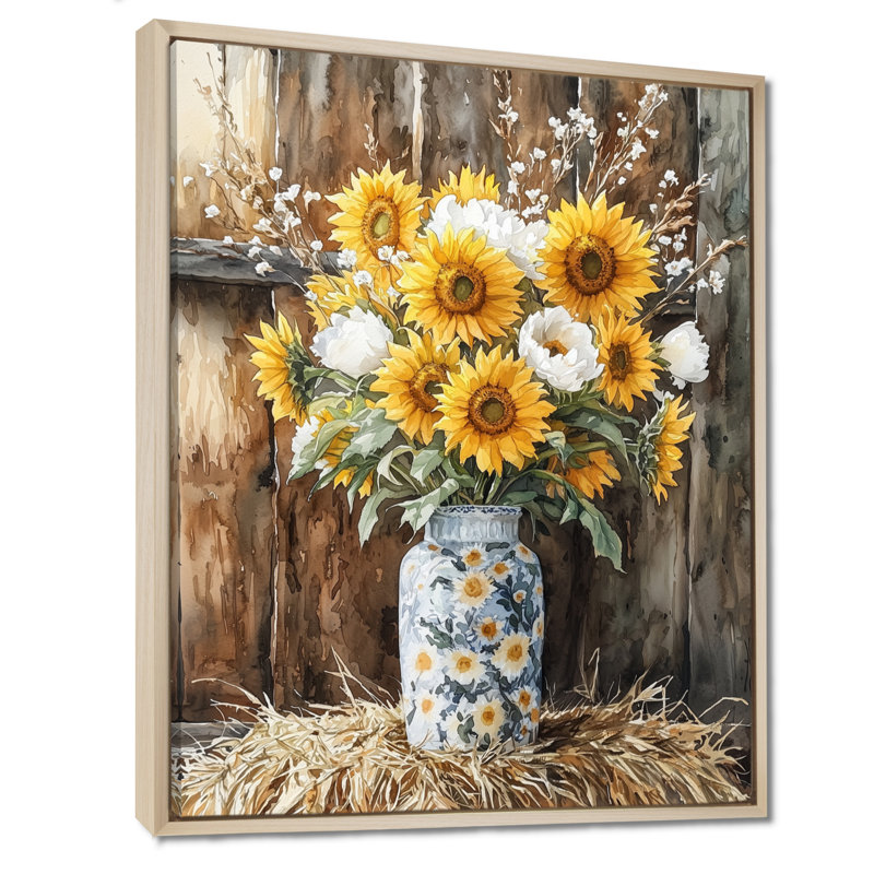 Dreeda tournesol et bouquet de pivoines à la grange III - tournesols, art encadré, H 40 po x l 30 po, Crème, crème