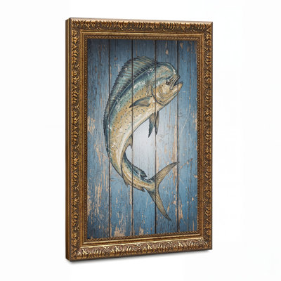 Mahi Mahi Fish On Distressed Blue Wood Planks Canvas Wall Art