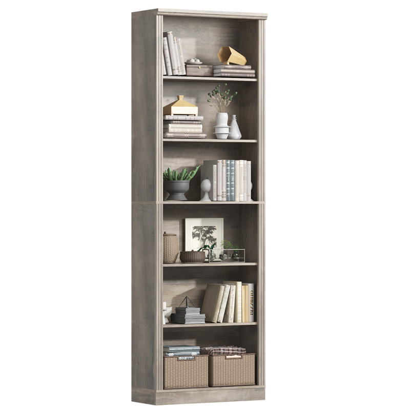 6-Tier Fixed Shelf Bookcase, 75" Tall Heavy-Duty Storage with Tip-Resistant Design, Gray Oak