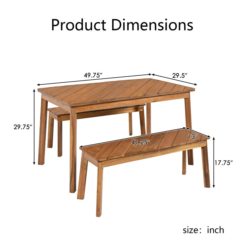 Ensemble de salle à manger 3 pièces en bois d'acacia naturel avec 2 bancs, table de pique-nique pour l'extérieur
