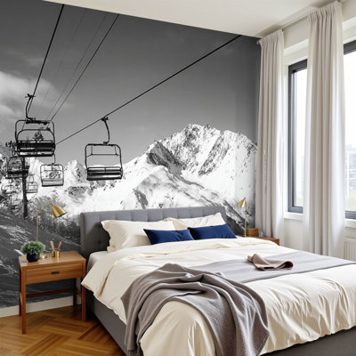 Peel and Stick Wallpaper Chair lift ski resort snowy mountains nice sunny day Wall Murals 100"H x 144"W Removable PVC Wall Paper Self-Adhesive Wall Paintings Art Decor for Kids Bedroom Living Room Nursery Office