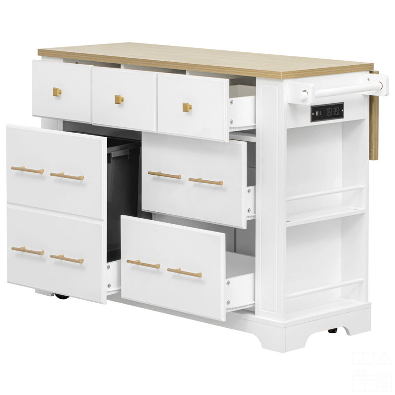 Kitchen Island With 6 Drawers, Pull Out Trash Can Storage, Rolling Kitchen Island On 5 Wheels With Drop Leaf, Power Outlet, 5 Open Side Racks