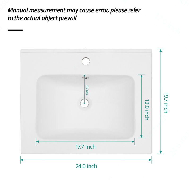 24"x19.7" White Rectangular Single Vanity Top with 1 Faucet Hole and Overflow(Sink Only), Single