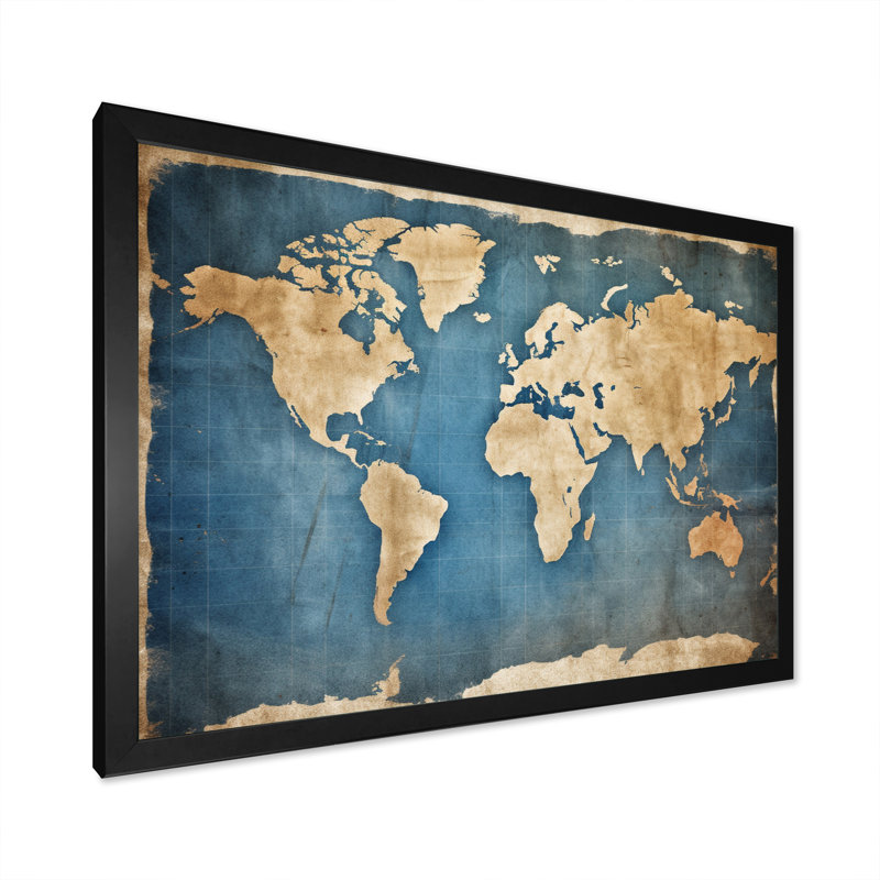 Ancienne carte du monde III, reproduction d'art sur toile, H 16 po x l 32 po x P 1 po, Cadre simple noir