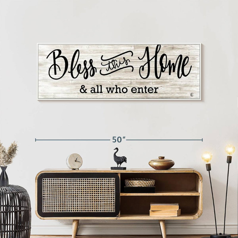 Plaque murale «Bless This Home», Cadre flottant blanc, 49 po x 17 po