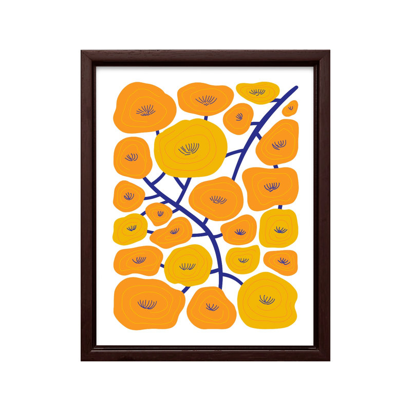 Abstrait floral jaune, Canevas, H 16 po x l 20 po, Encadrement brun