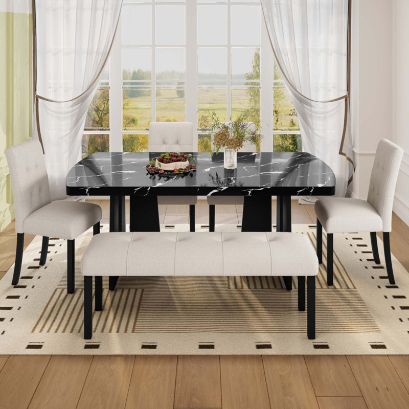 Modern Tufted Linen Upholstered Dining Bench with Rubberwood Legs, Beige