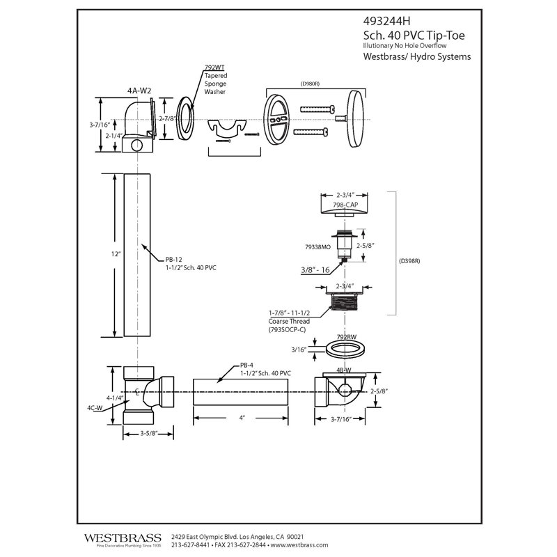 12" & 4" Sch. 40 PVC Tip-Toe Bathtub Leg Drain with No-Hole Overflow, Oil Rubbed Bronze