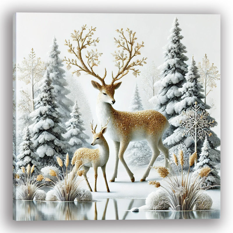 Golden Graceful Deer: Snowy Forest Scene, reproduction d'art sur toile tendue, H 40 po x l 40 po x P 1,5 po