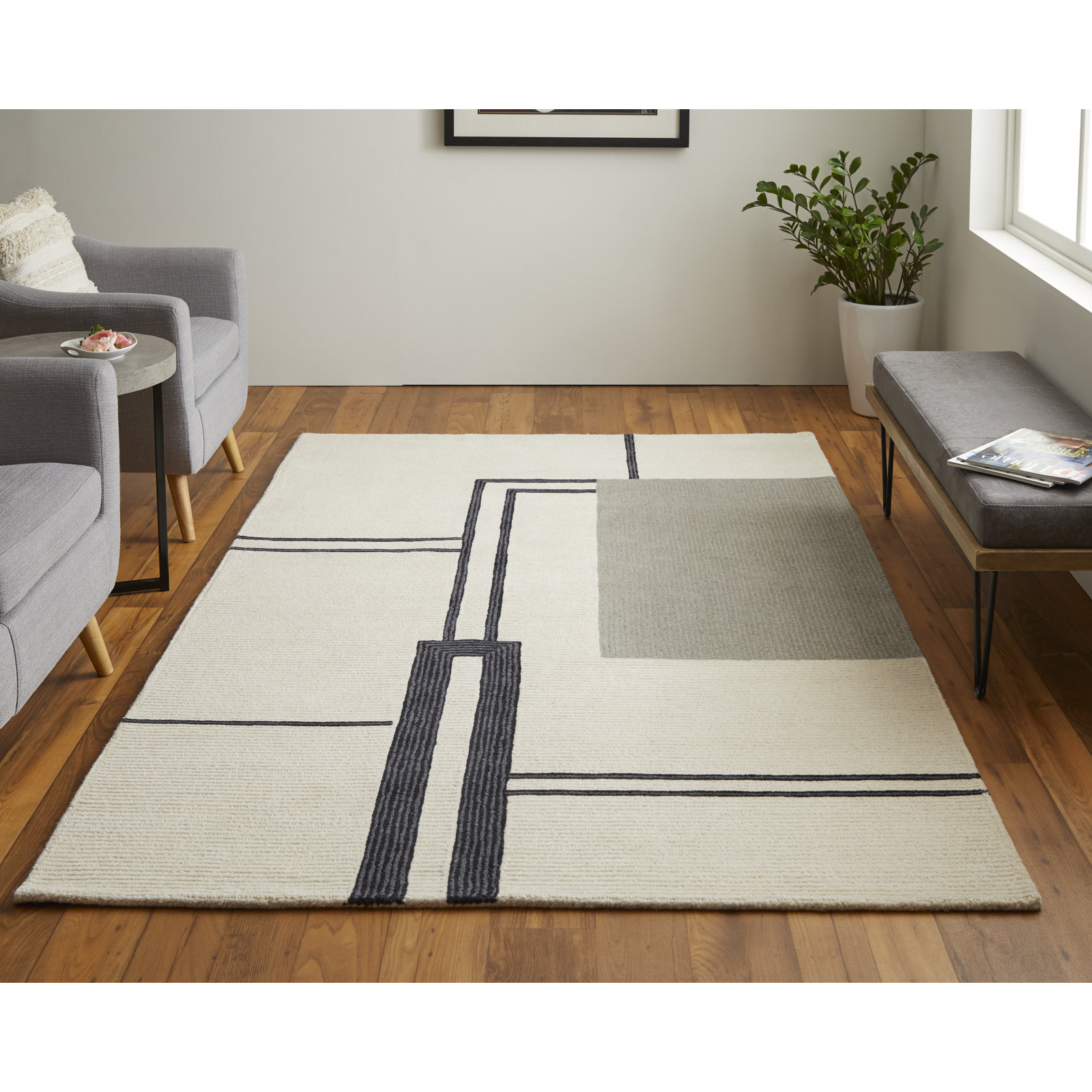 Nobu Ivory Black Hand-Tufted Abstract Rug, Rectangle 8' x 10'