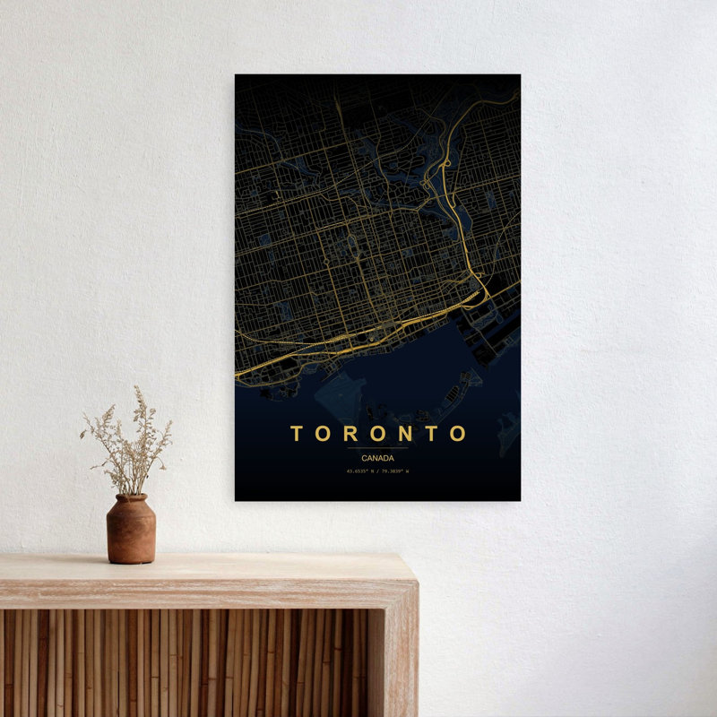 Golden Toronto City Map Minimalist Modern Abstract City Wall Art Print 1 Piece Wrapped Canvas Wall Art, 60.96cm H x 40.64cm W