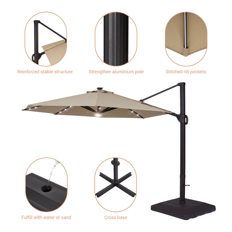 Daarina 132'' Lighted Cantilever Umbrella with Base, Sand
