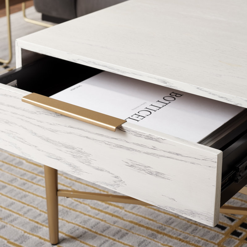 Table basse à 4 pieds avec rangement, Blanc délavé