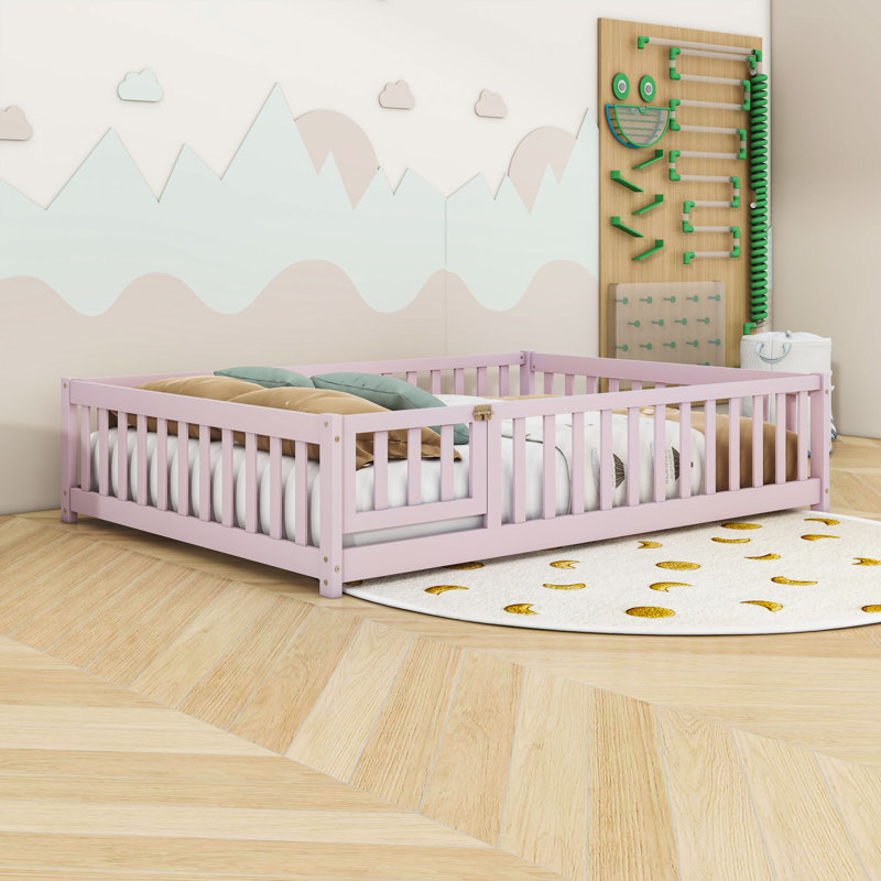 Wood Floor Bed With Fence, Full, Pink