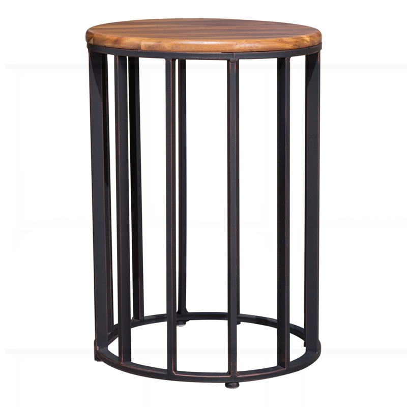 Table d'appoint d'extérieur cylindrique avec plateau rond en bois massif et structure en métal