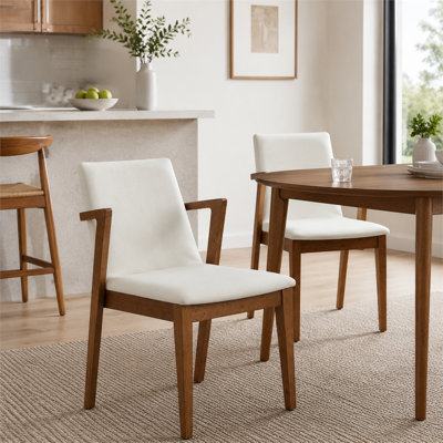 Mid-Century Modern Armchairs Set of 2 – Beige PU Leather Upholstery with Walnut Rubber Wood Frame, 250lbs Capacity for Dining & Kitchen Use