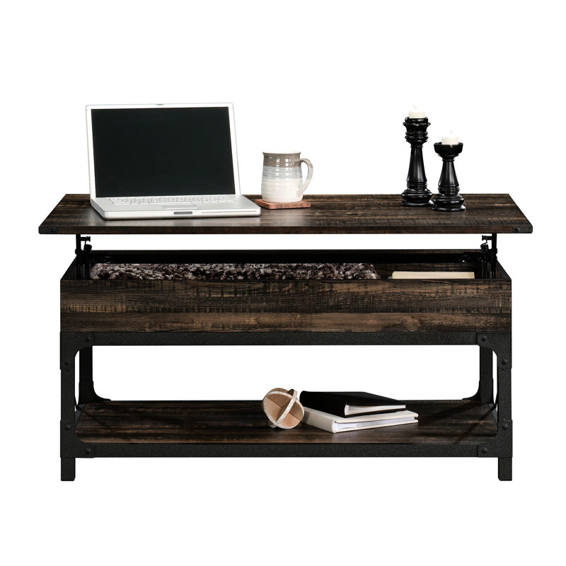 Table basse à plateau relevable brun avec finition chêne, conception rectangulaire, espace de rangement secret, structure en métal thermolaqué, tablette ouverte pour plus d'espace, divertissement à domicile et bureau