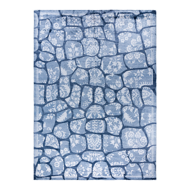 Blue Hand-Knotted Silk Rectangular Area Rug, 9' 1" x 12' 3"