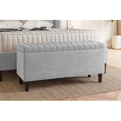 Plush Velvet Lined Upholstered Ottoman Storage Box with Wooden Legs