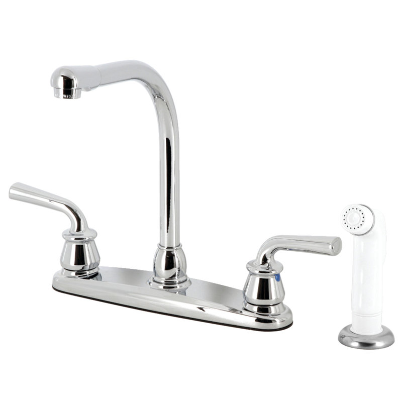 Kingston Brass Restoration Two-Handle 8" Centerset Kitchen Faucet, With Side Spray, Polished Chrome/White