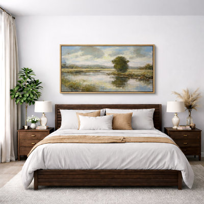 Peaceful Countryside River Landscape Artwork, Rustic Meadow Nature Pictures, Framed Canvas Giclee Print Wall Art