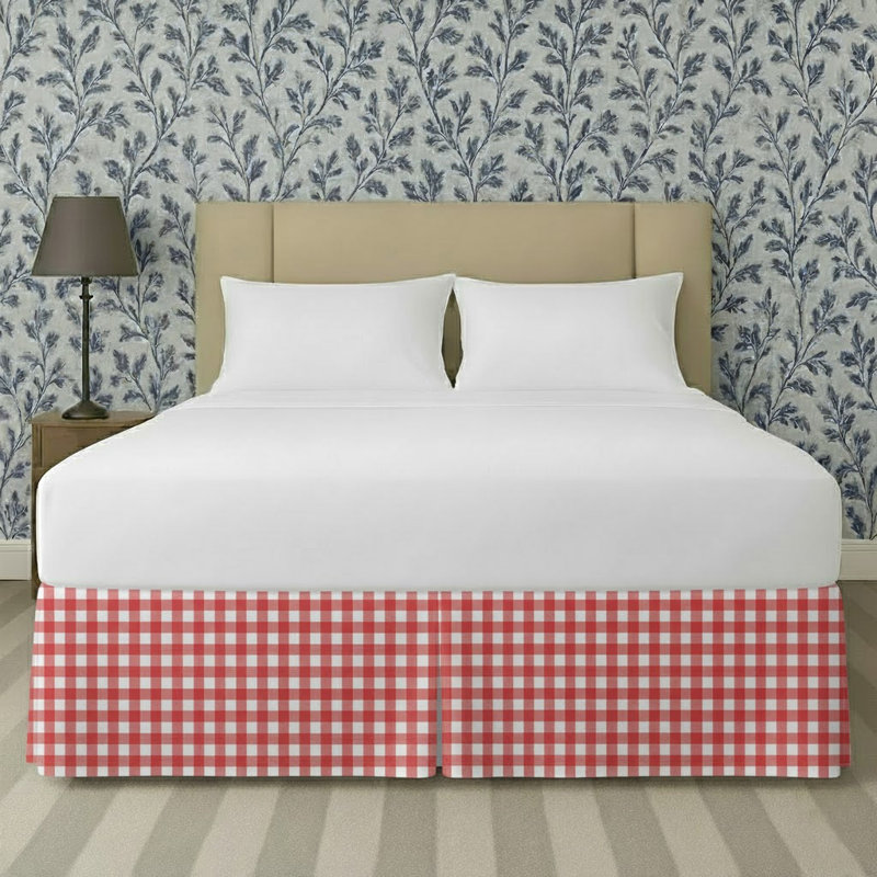 Gingham Pattern Tailored Bed Skirt 15" Drop Length, King, Red