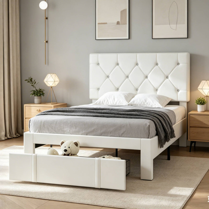 Modern PU Leather Storage Twin Size Bed Frame with Adjustable Tufted Headboard, Twin, White