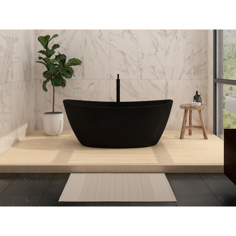 Manhattan 64" x 33" Freestanding Soaking Tub, Solid Surface Stone Resin Oval Bathtub - Black, Black