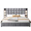 Très grand lit avec housse en velours gris, lampe de lecture et tête de lit spacieuse, rembourrage en mousse, structure en bois, sans matelas ni tables de chevet, sommier tapissier, méthode d'assemblage simple revêtue de velours, rembourrage généreux,-214912436
