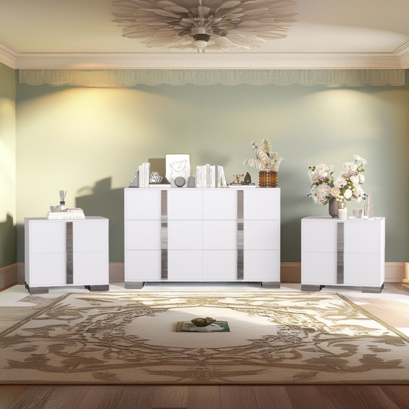 Ensemble de commode 3 pièces avec commode 6 tiroirs et deux tables de chevet, meubles de rangement en bois aggloméré avec poignées en métal