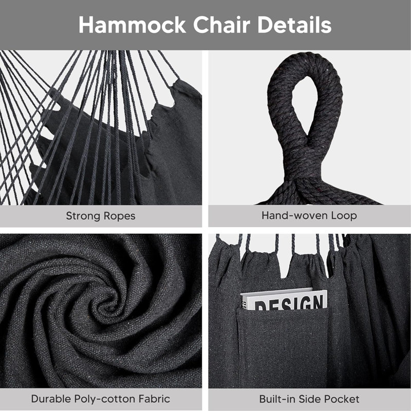 Hamac double portatif convertible 2 en 1 avec support inclus, hamac d'extérieur et support, breveté, gris foncé avec pampille