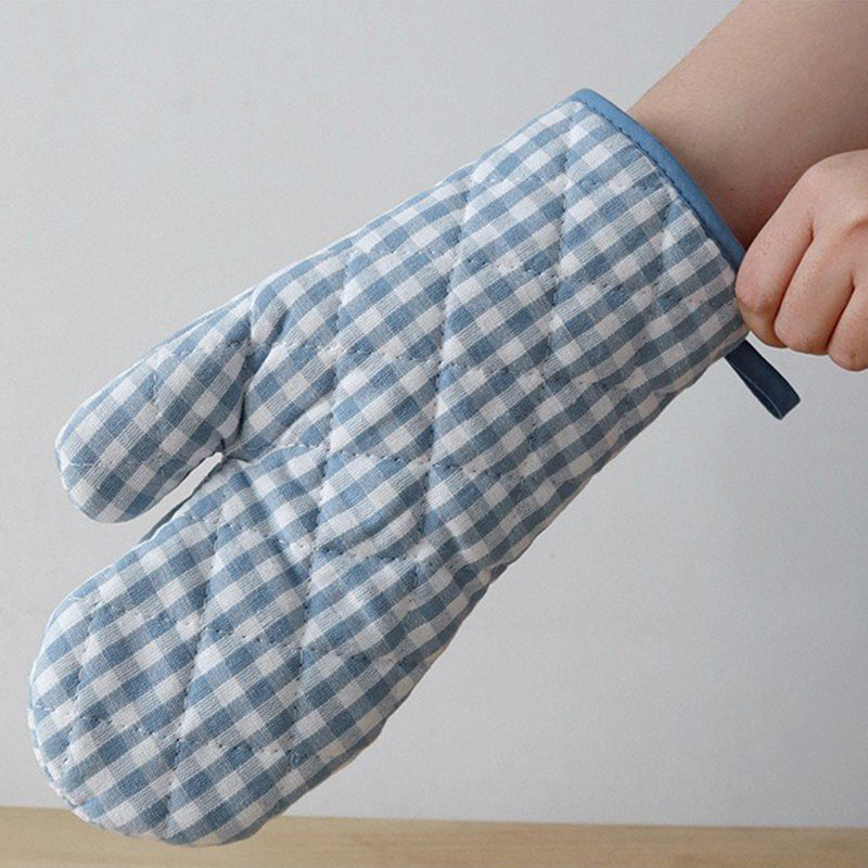 Blue Plaid Cotton Oven Mitts and Pot Holders Set with Towels