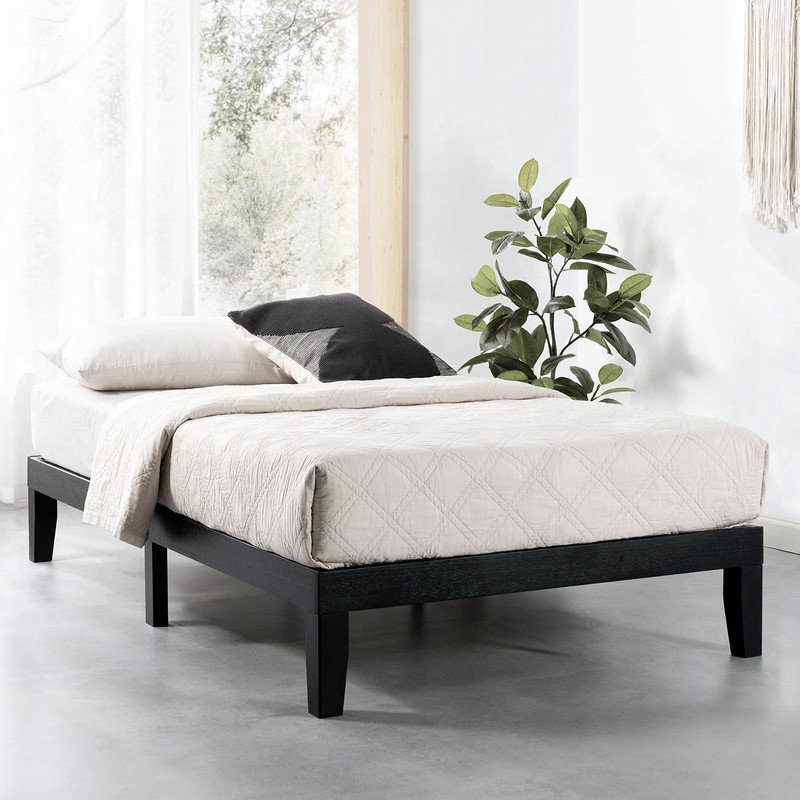 Lit plateforme en bois massif noir avec lattes en bois sans sommier simple à assembler 12 po classique, Simple extra long