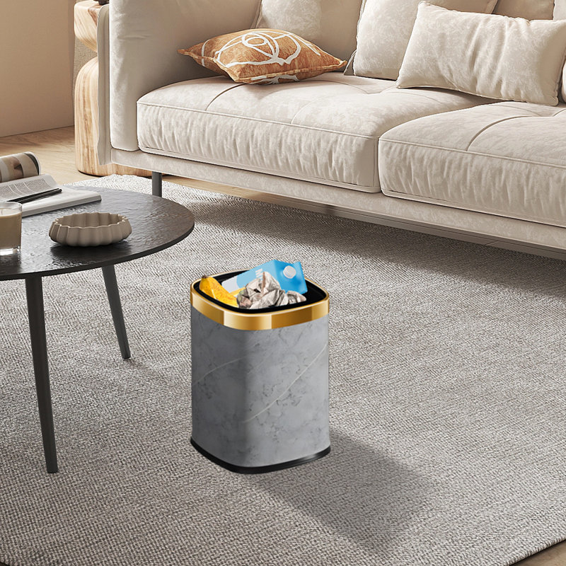 Metal+leather Open Waste Basket - 2.63 Gallons, Gold/Gray