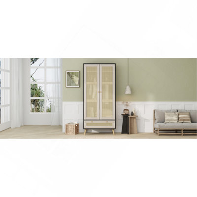 Armoire-penderie de 70,8 po de hauteur avec 2 portes en rotin et 1 tiroir, armoire de rangement en bois Boho avec tringle pour chambre à coucher