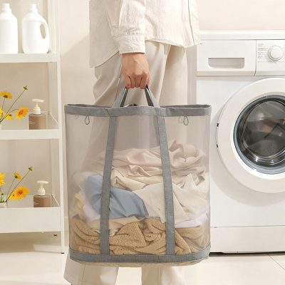Mesh Laundry Basket With Handles, Collapsible And Foldable Breathable Bag (Grey)
